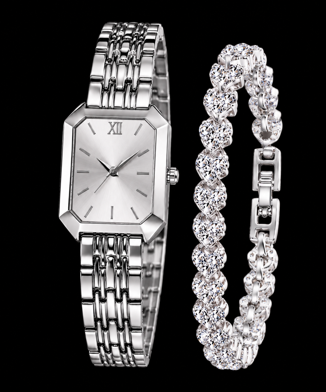 Women’s Elegant Rectangle Quartz Watch & Crystal Bracelet Set – 2PCS