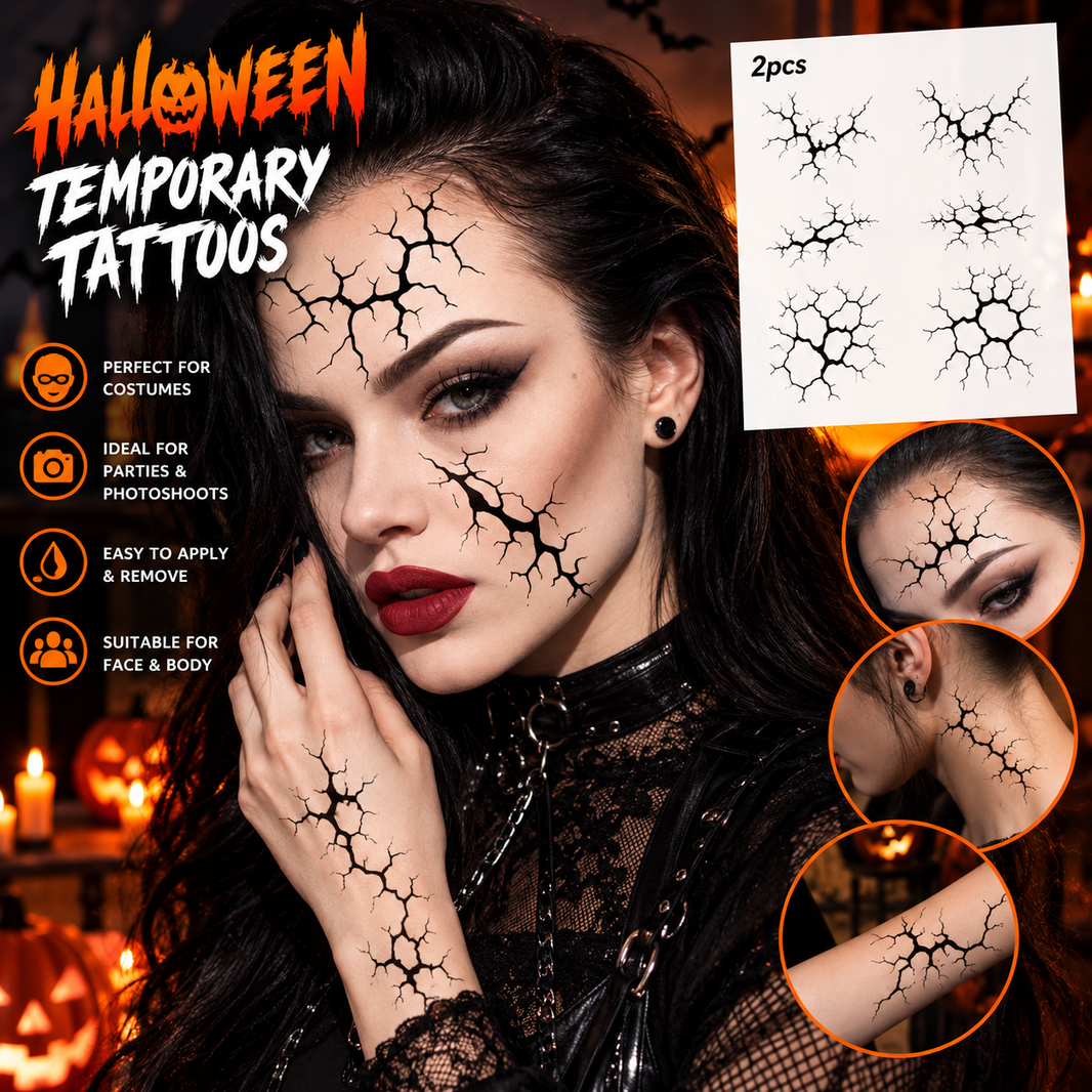 2-Piece Halloween Black Crack Temporary Tattoos – Horror Broken Skin Body Stickers