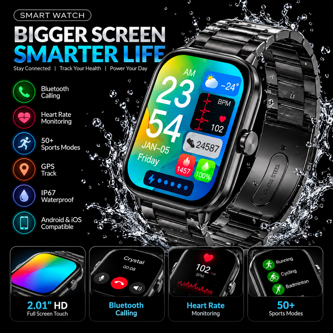2.01″ HD Smart Watch with Bluetooth Calling, Fitness Tracking & Sports Modes