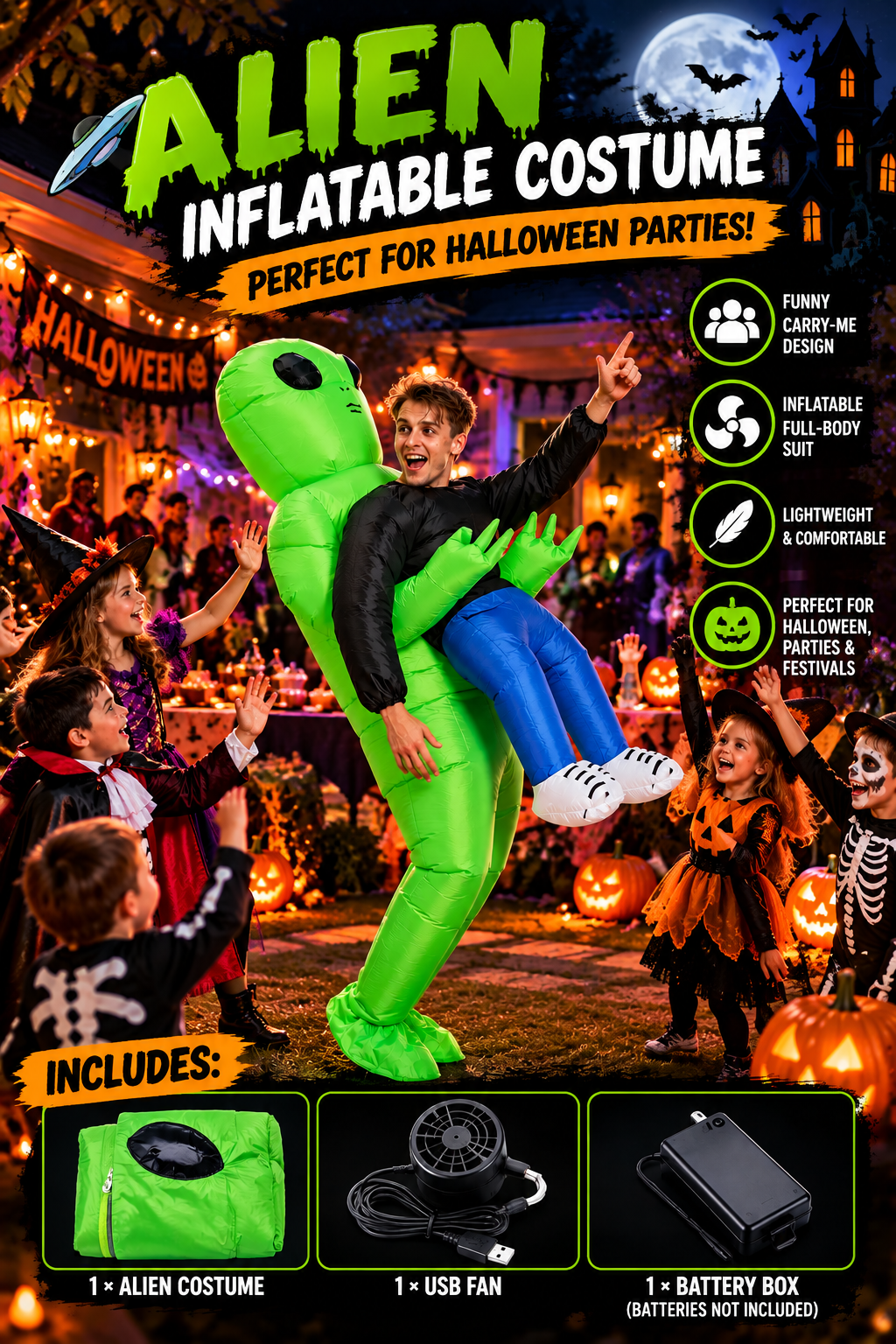 Adult Green Alien Inflatable Costume – Funny Carry-Me Halloween Party Suit