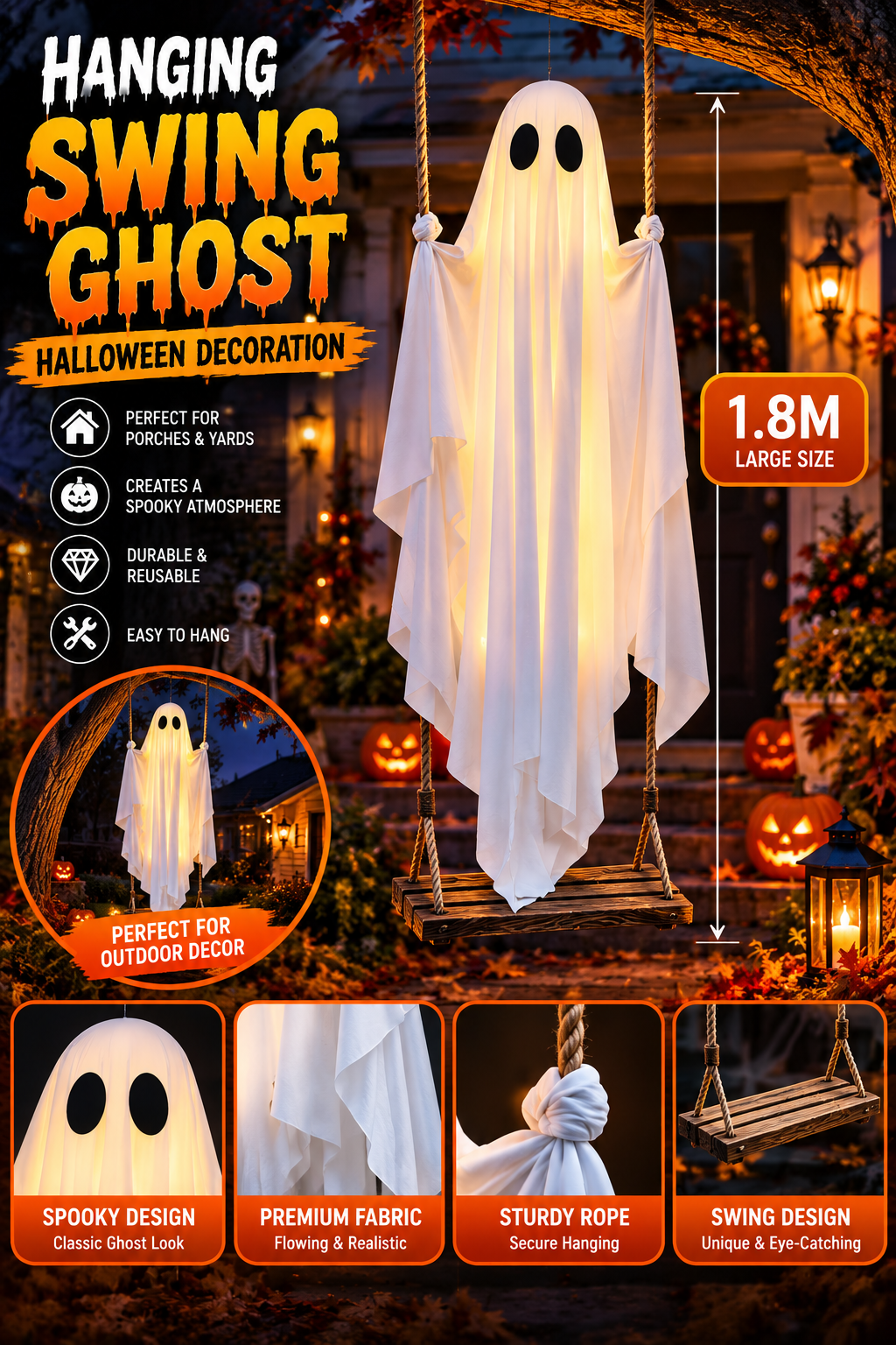 Hanging Swing Ghost Halloween Decoration – Large Outdoor Porch & Yard Décor