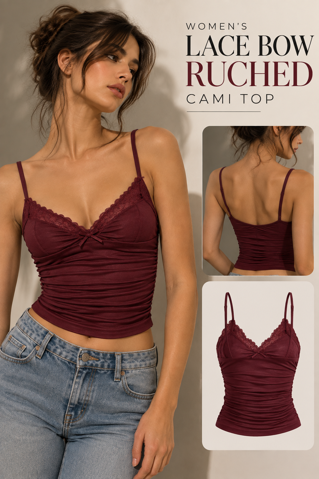 Women’s Lace Bow Ruched Cami Top – Backless Y2K Crop Tank