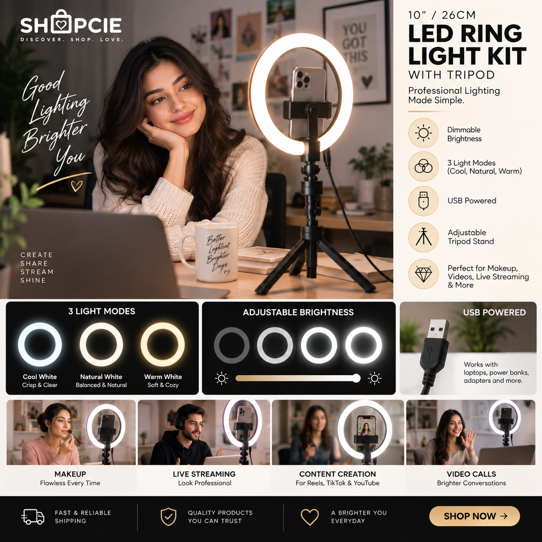 Dimmable LED Ring Light with Tripod – USB Selfie & Streaming Light