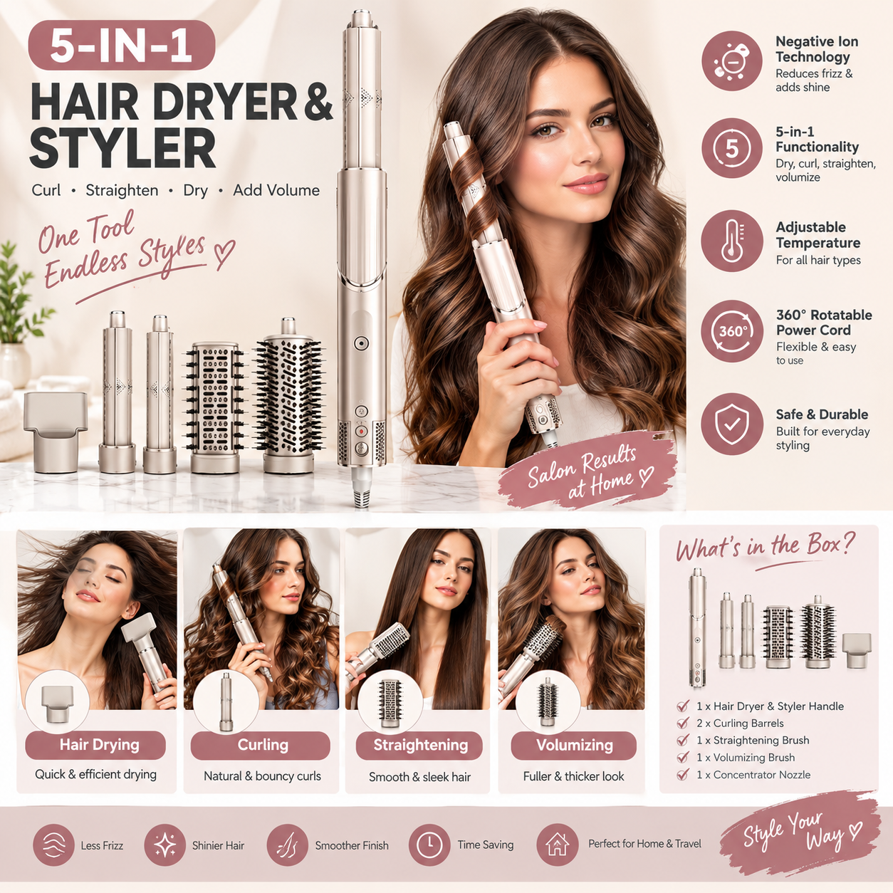 5-in-1 Hair Dryer & Styler – Automatic Hair Curler, Straightener & Volumizing Brush
