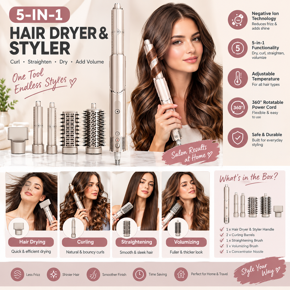 5-in-1 Hair Dryer & Styler – Automatic Hair Curler, Straightener & Volumizing Brush