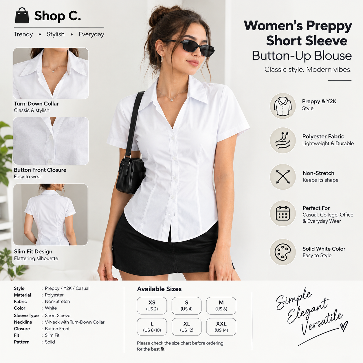 Women’s Preppy Short Sleeve Button-Up Blouse
