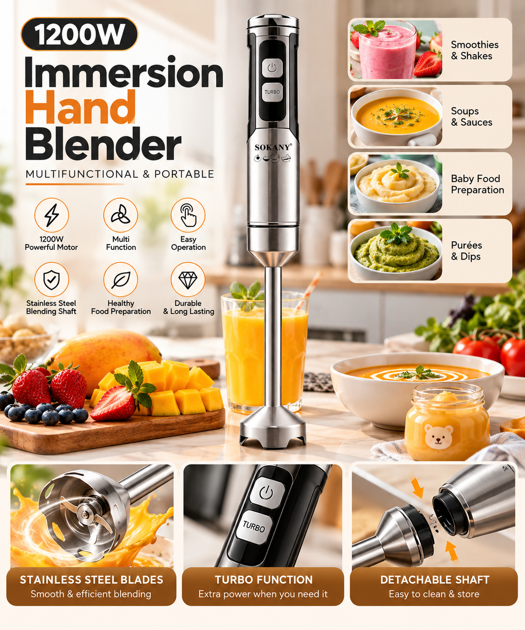 1200W Multifunctional Immersion Hand Blender – Portable Electric Food Mixer