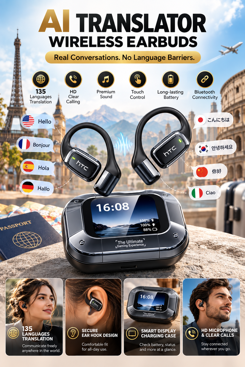 AI Translator Wireless Earbuds with 135-Language Translation & Smart Display Case