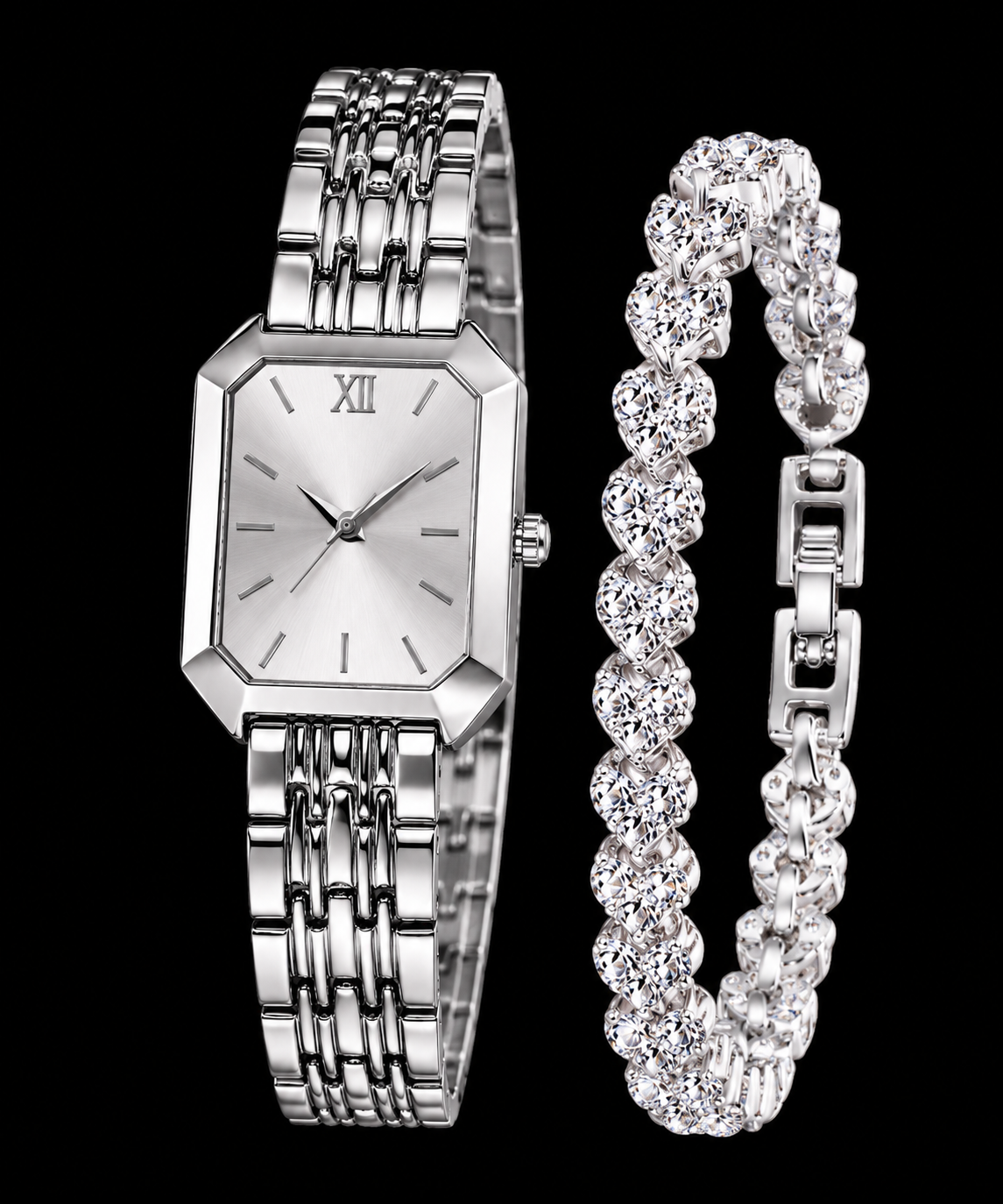 Women’s Elegant Rectangle Quartz Watch & Crystal Bracelet Set – 2PCS