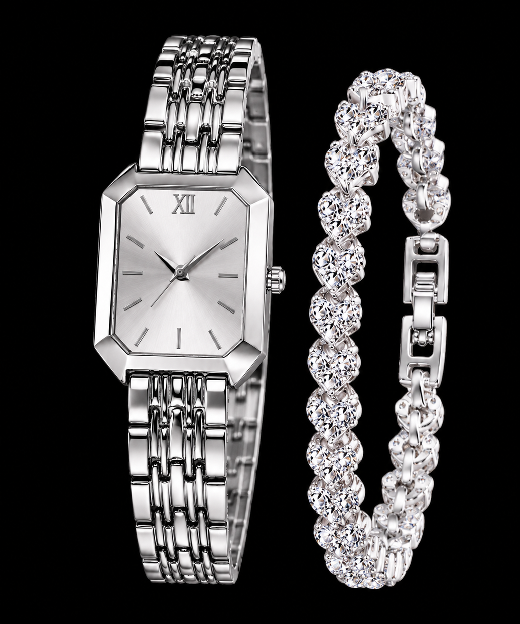 Women’s Elegant Rectangle Quartz Watch & Crystal Bracelet Set – 2PCS