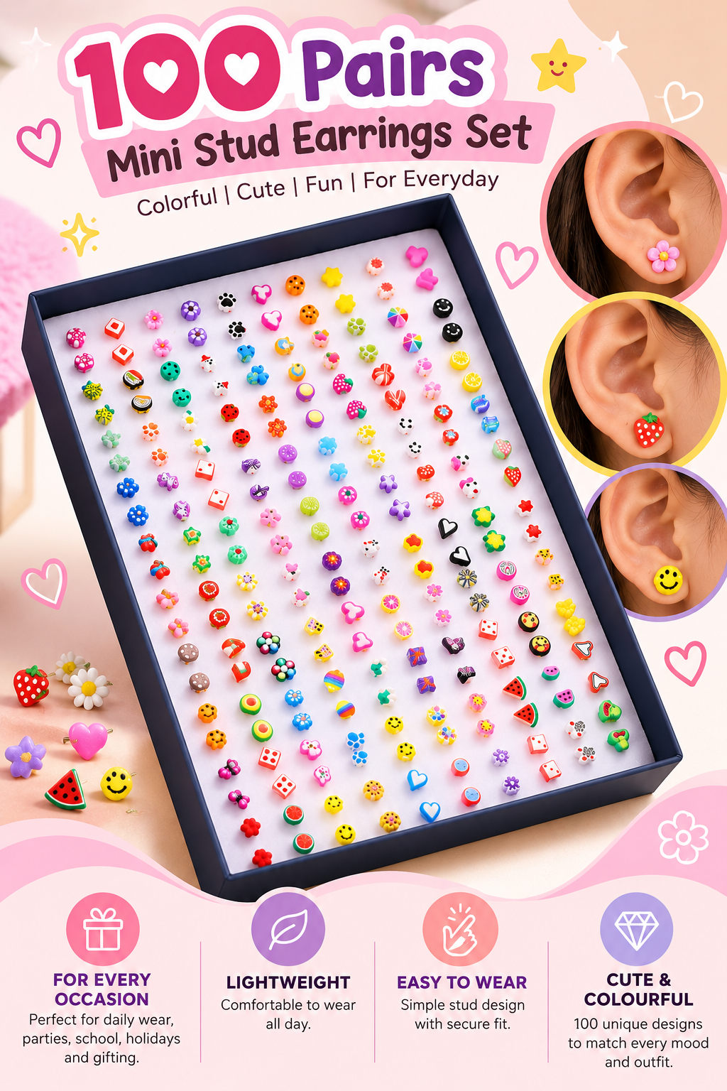 100 Pairs Colorful Mini Stud Earrings Set – Cute Fruit & Geometric Designs