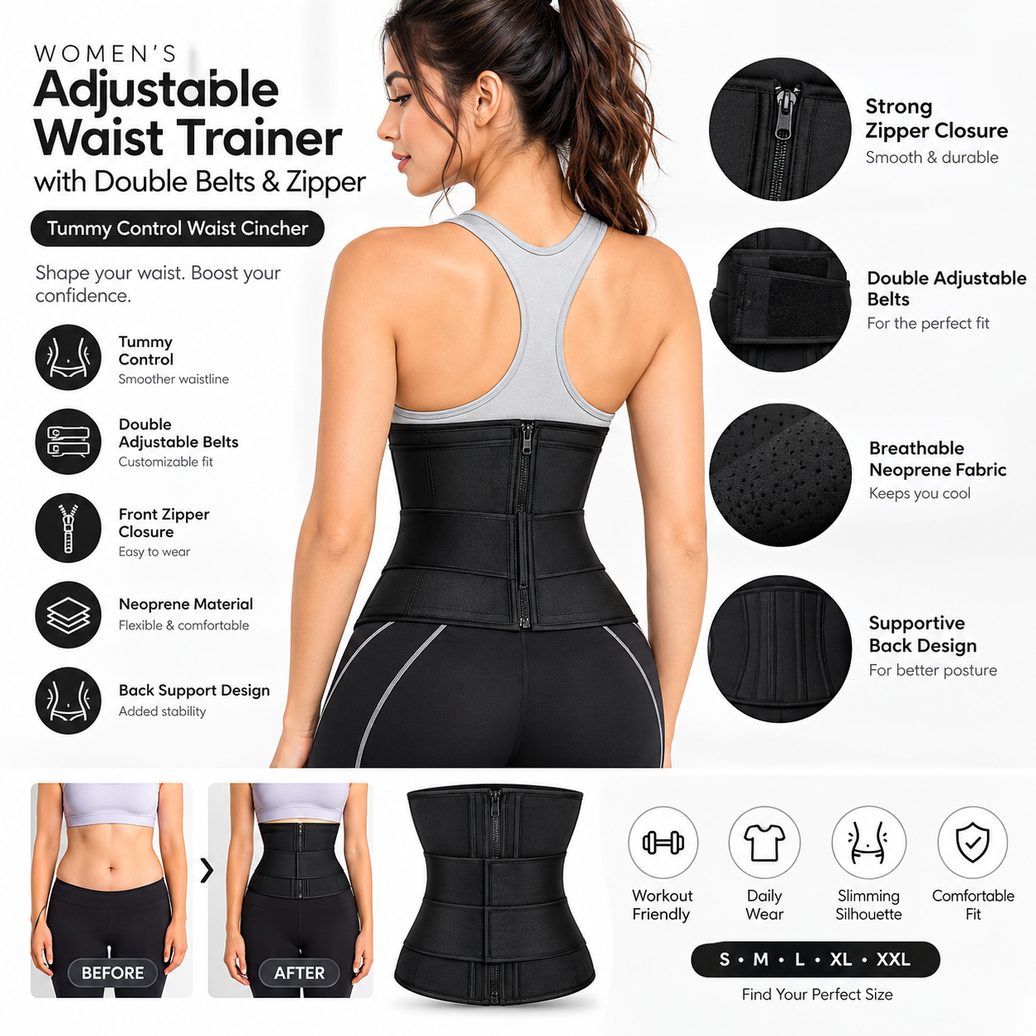 Women’s Adjustable Waist Trainer with Double Belts & Zipper