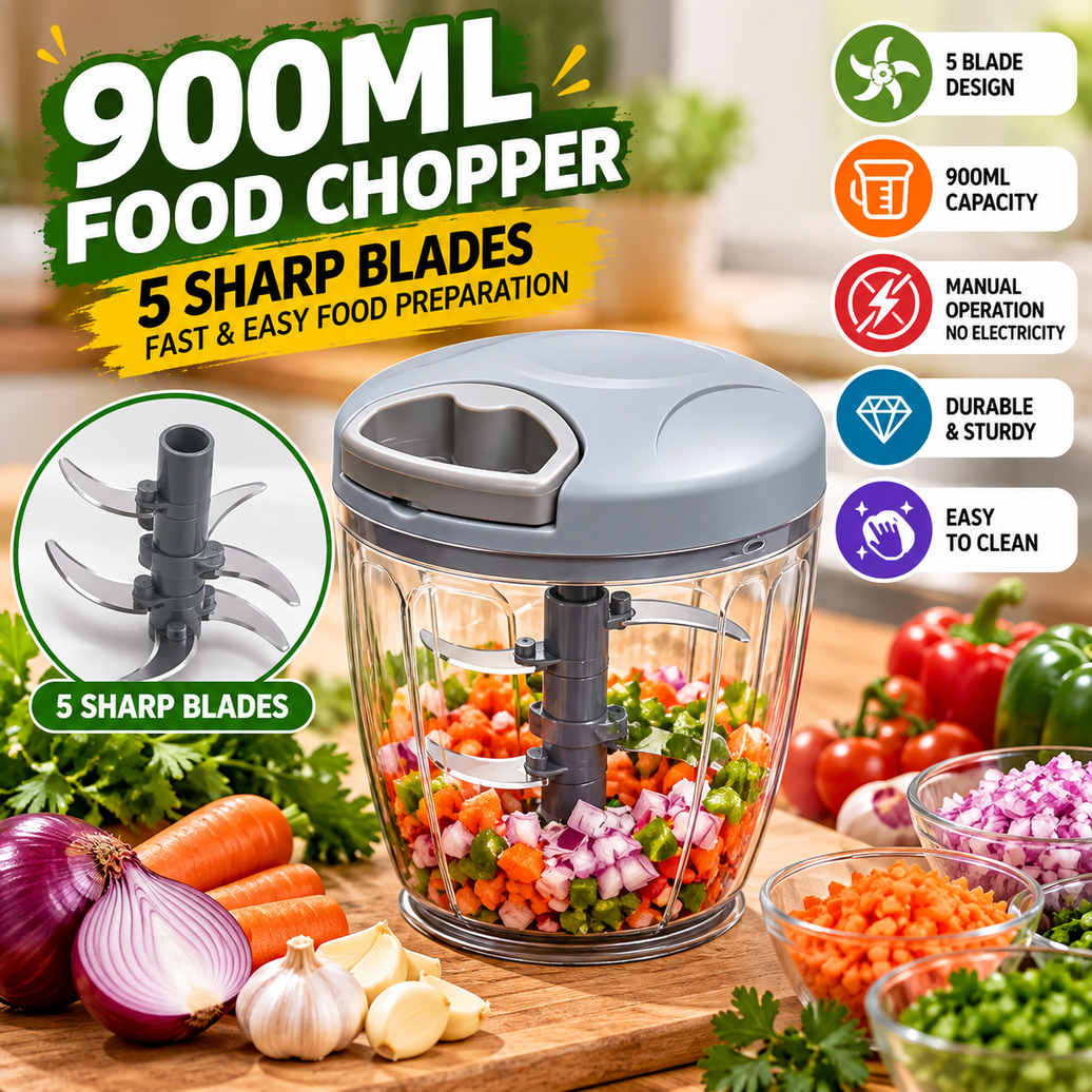 900ML Manual Food Chopper with 5 Blades – Vegetable, Garlic & Meat Chopper