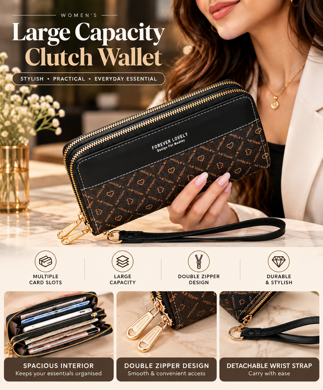 Women’s Large Capacity Double-Zip Clutch Wallet with Wrist Strap