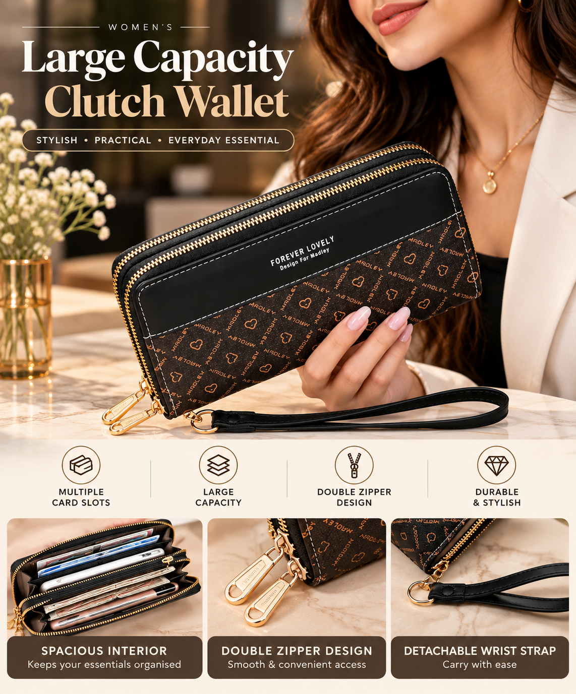 Women’s Large Capacity Double-Zip Clutch Wallet with Wrist Strap