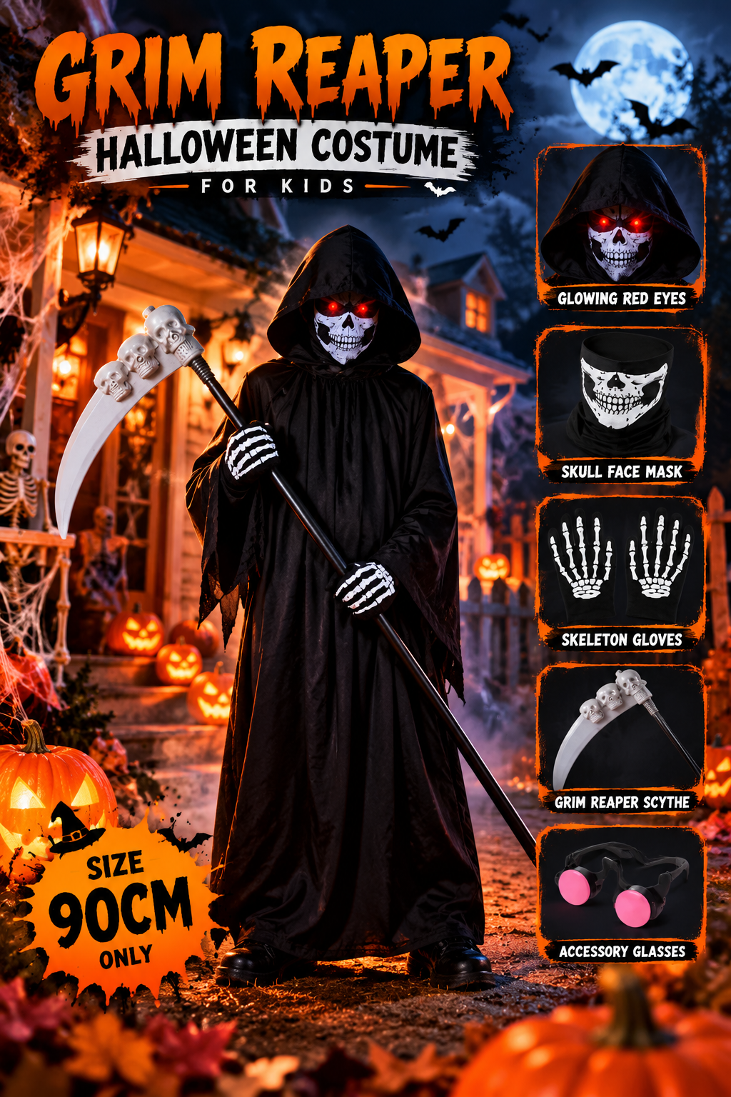 Kids Grim Reaper Halloween Costume with Glowing Red Eyes – 90CM