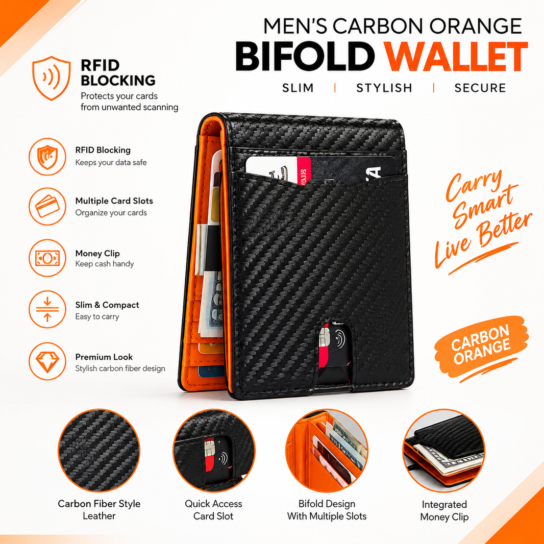 Men’s Carbon Orange RFID Blocking Bifold Wallet – Slim Carbon Fiber Card Holder