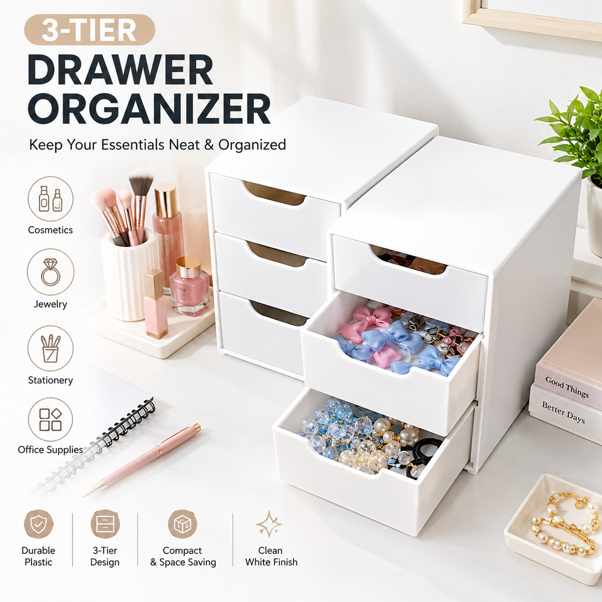 White 3-Tier Drawer Organizer – Storage Box for Cosmetics, Jewelry & Office Supplies