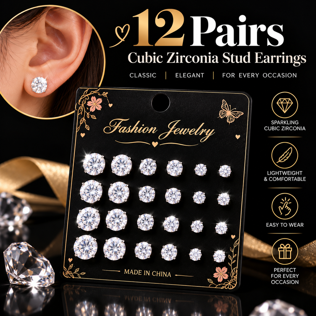 12 Pairs Cubic Zirconia Stud Earrings Set – Classic Crystal Multi-Size Earrings