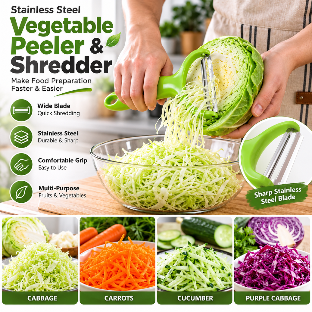 Stainless Steel Cabbage Shredder & Vegetable Peeler – Wide Blade Kitchen Slicer