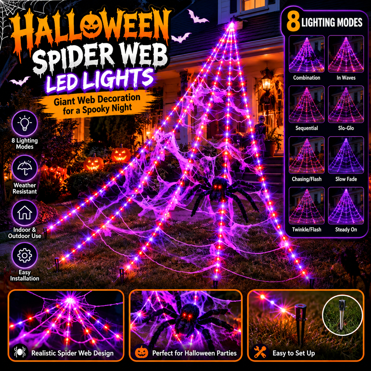 8-Mode Halloween Spider Web LED Lights – Outdoor Giant Web Decoration