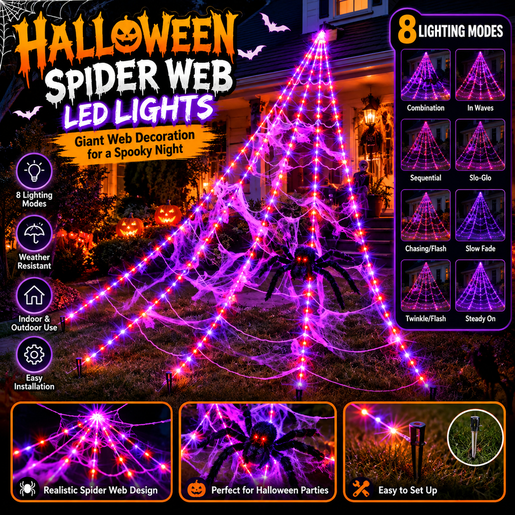 8-Mode Halloween Spider Web LED Lights – Outdoor Giant Web Decoration