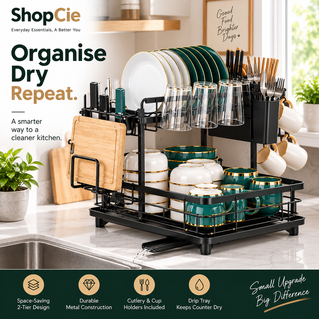 2-Tier Dish Drying Rack with Drainboard, Cutlery & Cup Holder