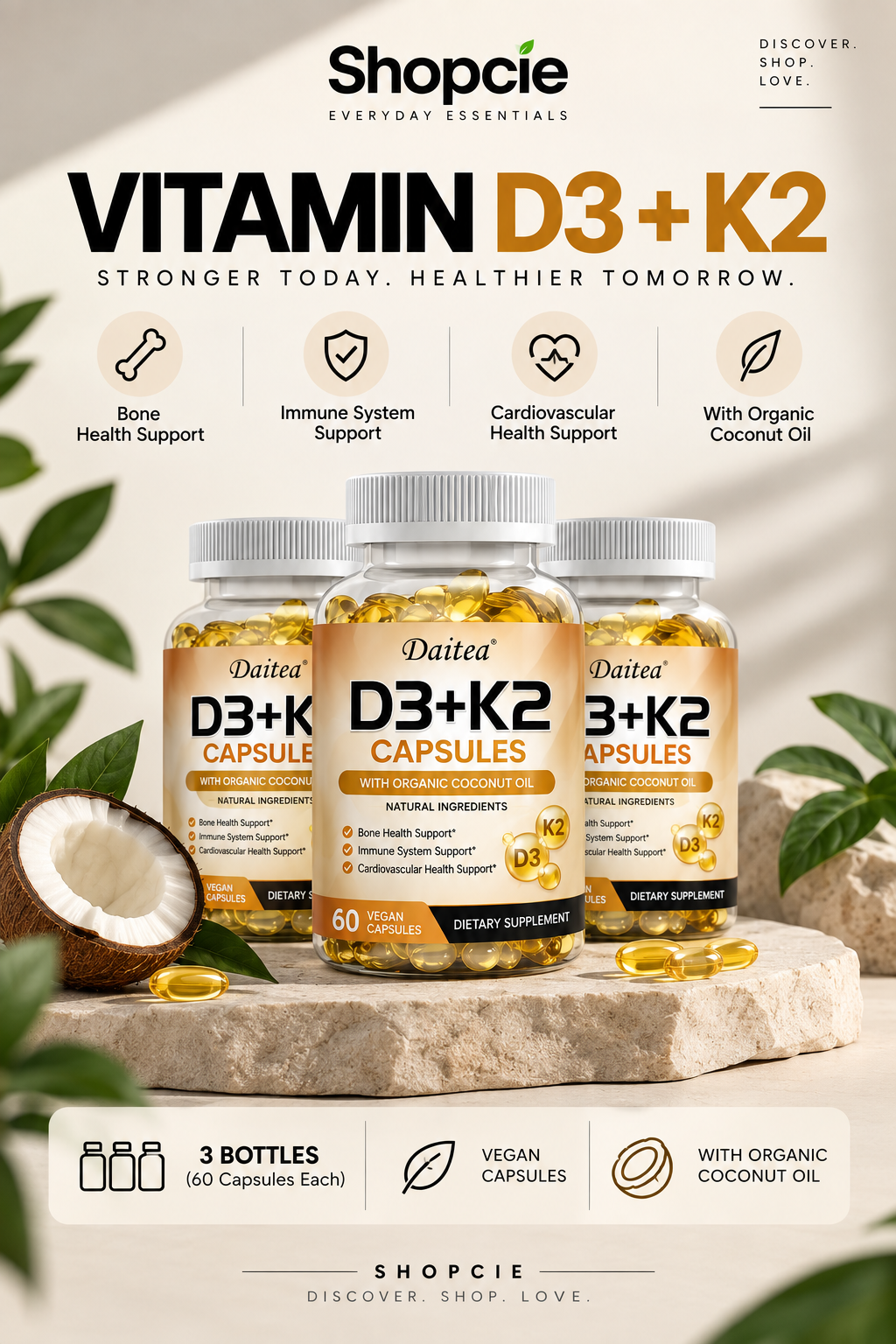 Vitamin D3 5000 IU + K2 MK-7 200mcg – 3 Bottles, 180 Vegan Capsules