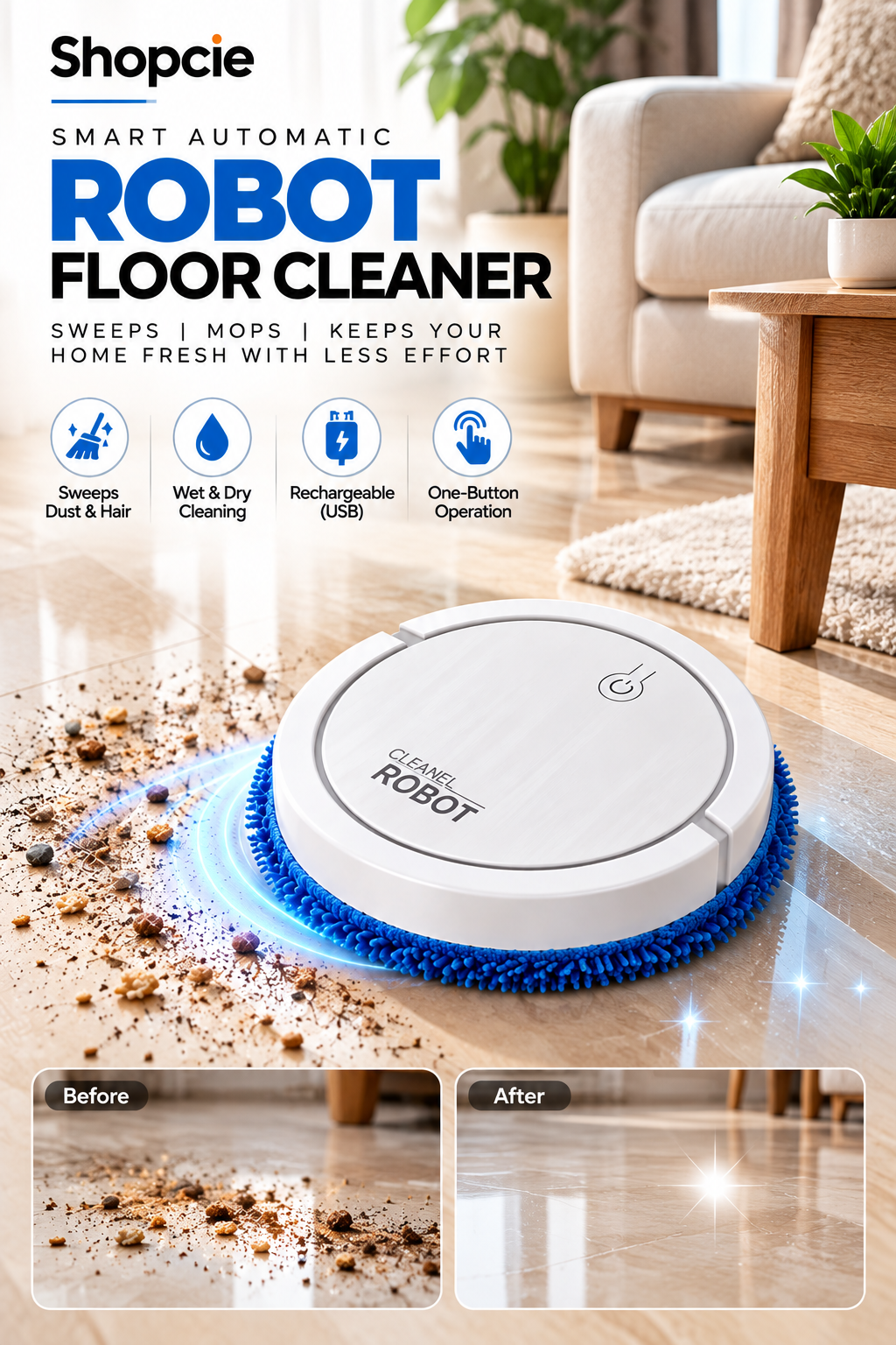 Smart Rechargeable Robot Floor Cleaner – Automatic Wet & Dry Sweeping Mop