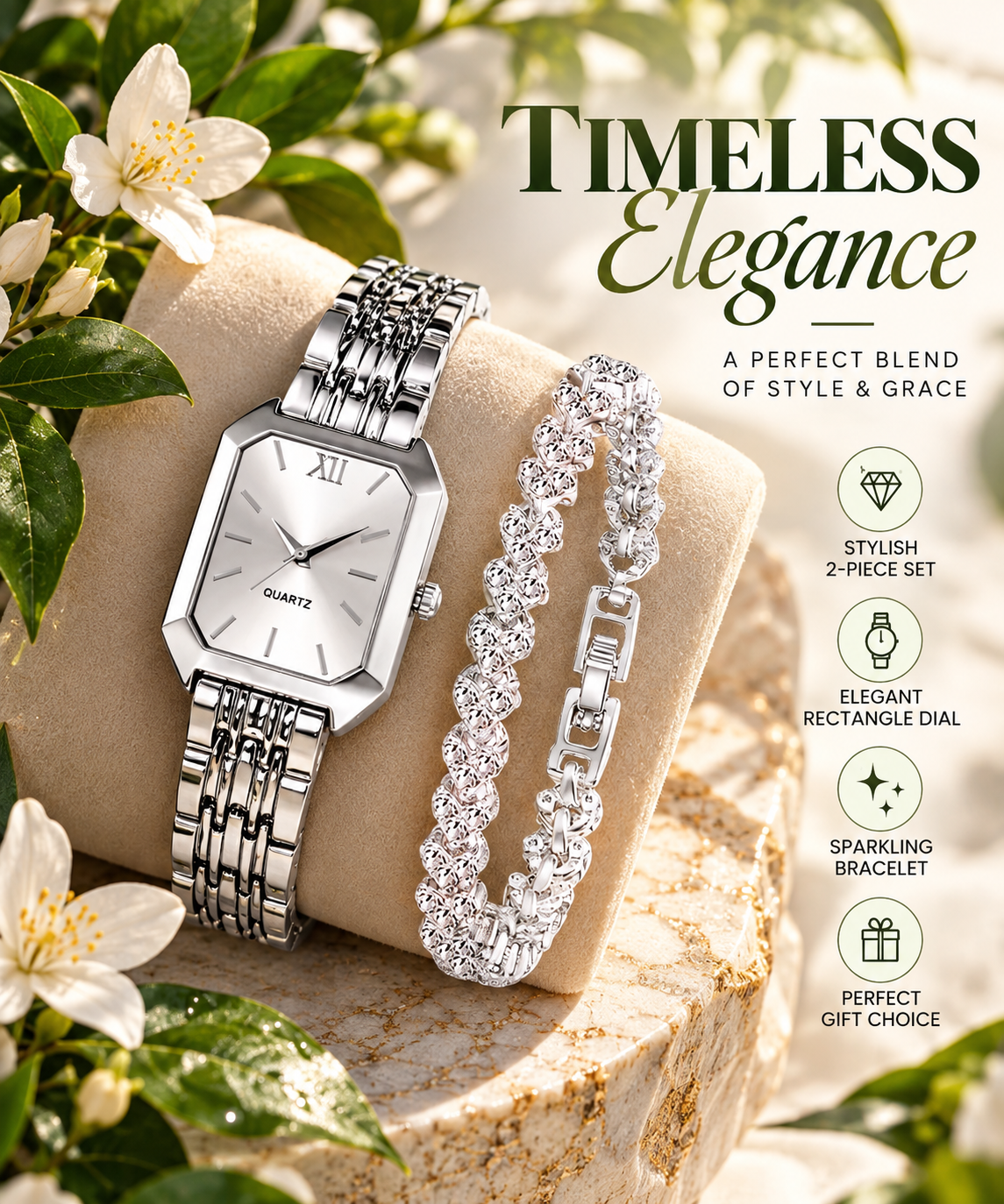 Women’s Elegant Rectangle Quartz Watch & Crystal Bracelet Set – 2PCS