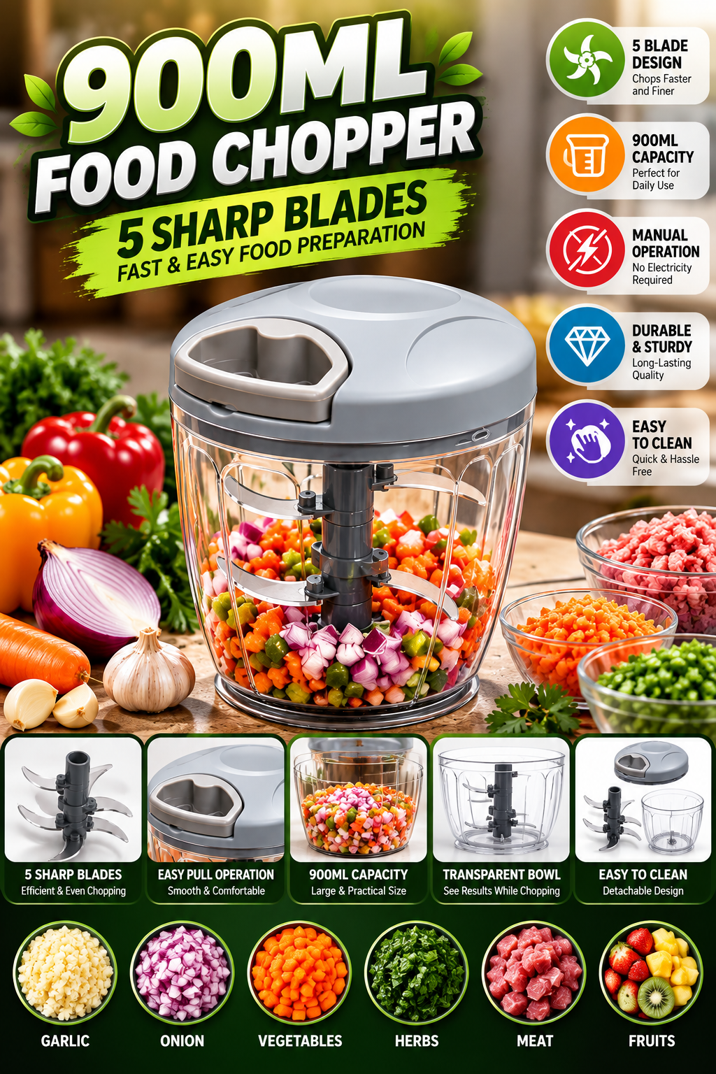 900ML Manual Food Chopper with 5 Blades – Vegetable, Garlic & Meat Chopper