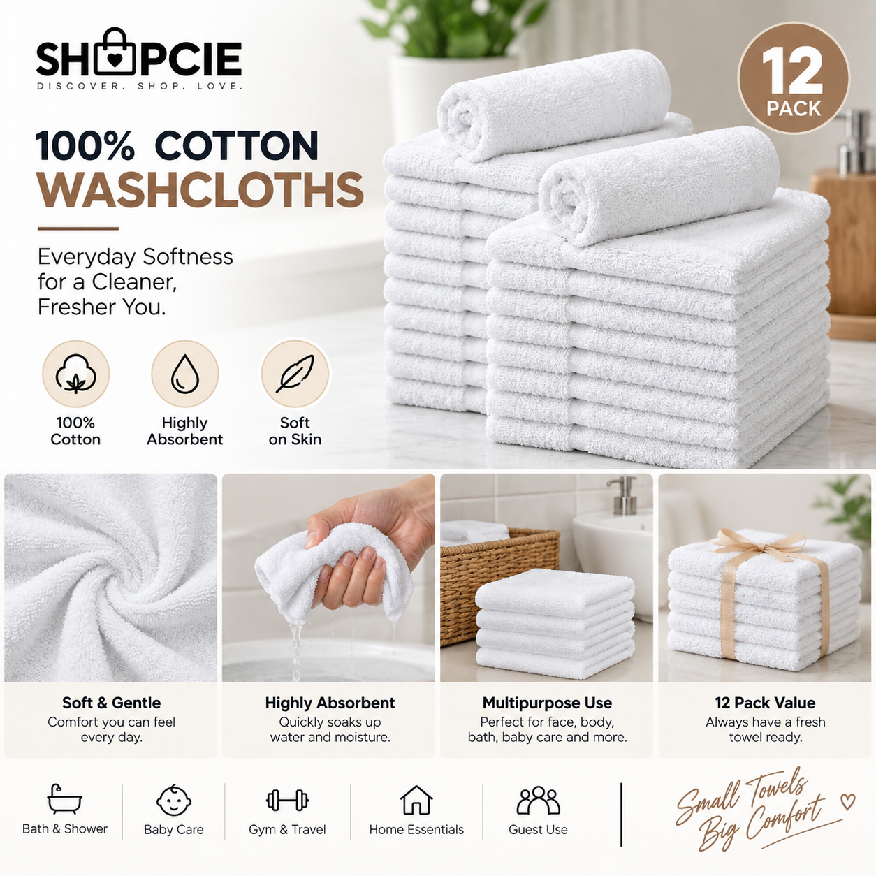 12-Pack 100% Cotton Washcloths – Soft & Absorbent Face and Body Towels