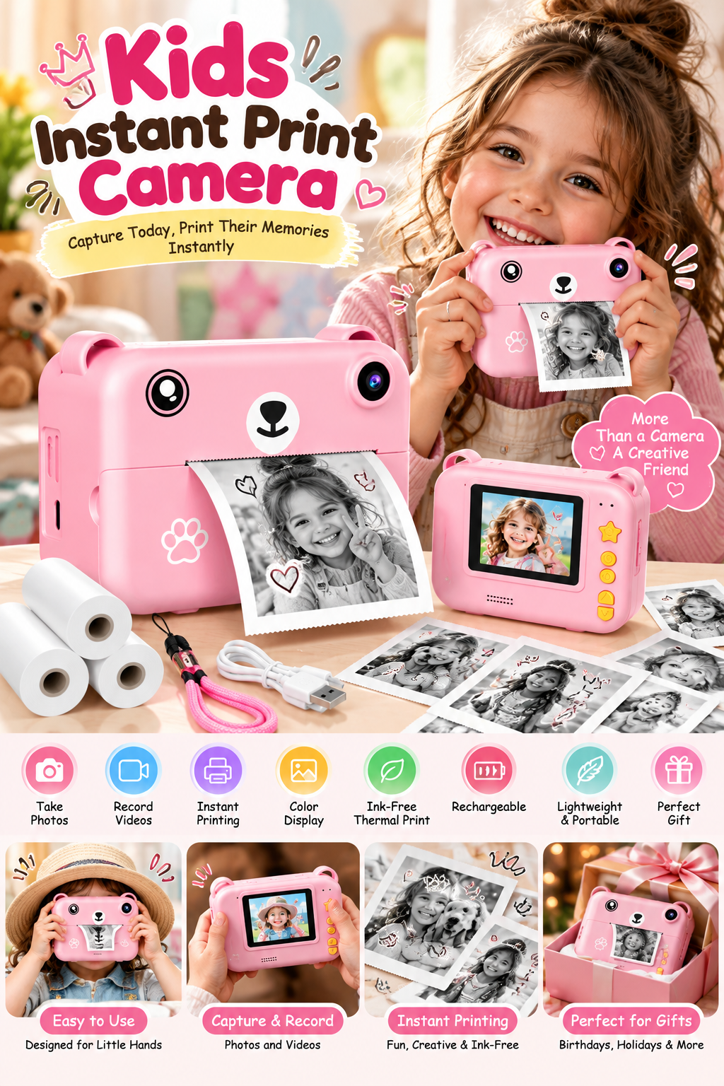 Kids Instant Print Digital Camera with Thermal Printer – Photo & Video Camera