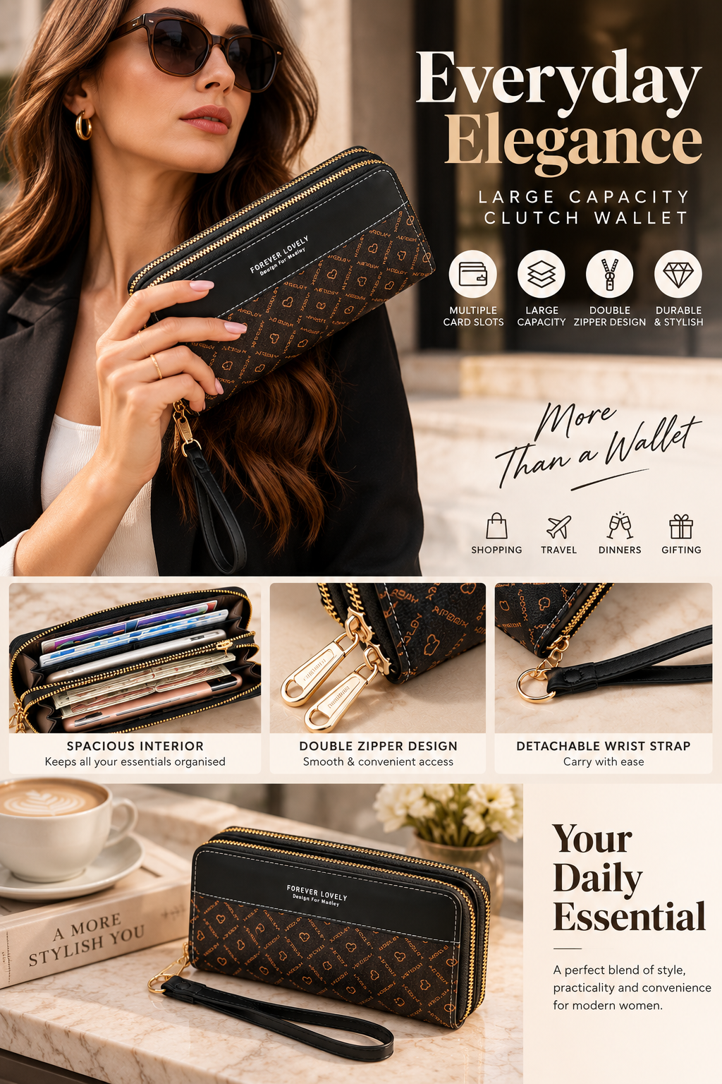 Women’s Large Capacity Double-Zip Clutch Wallet with Wrist Strap