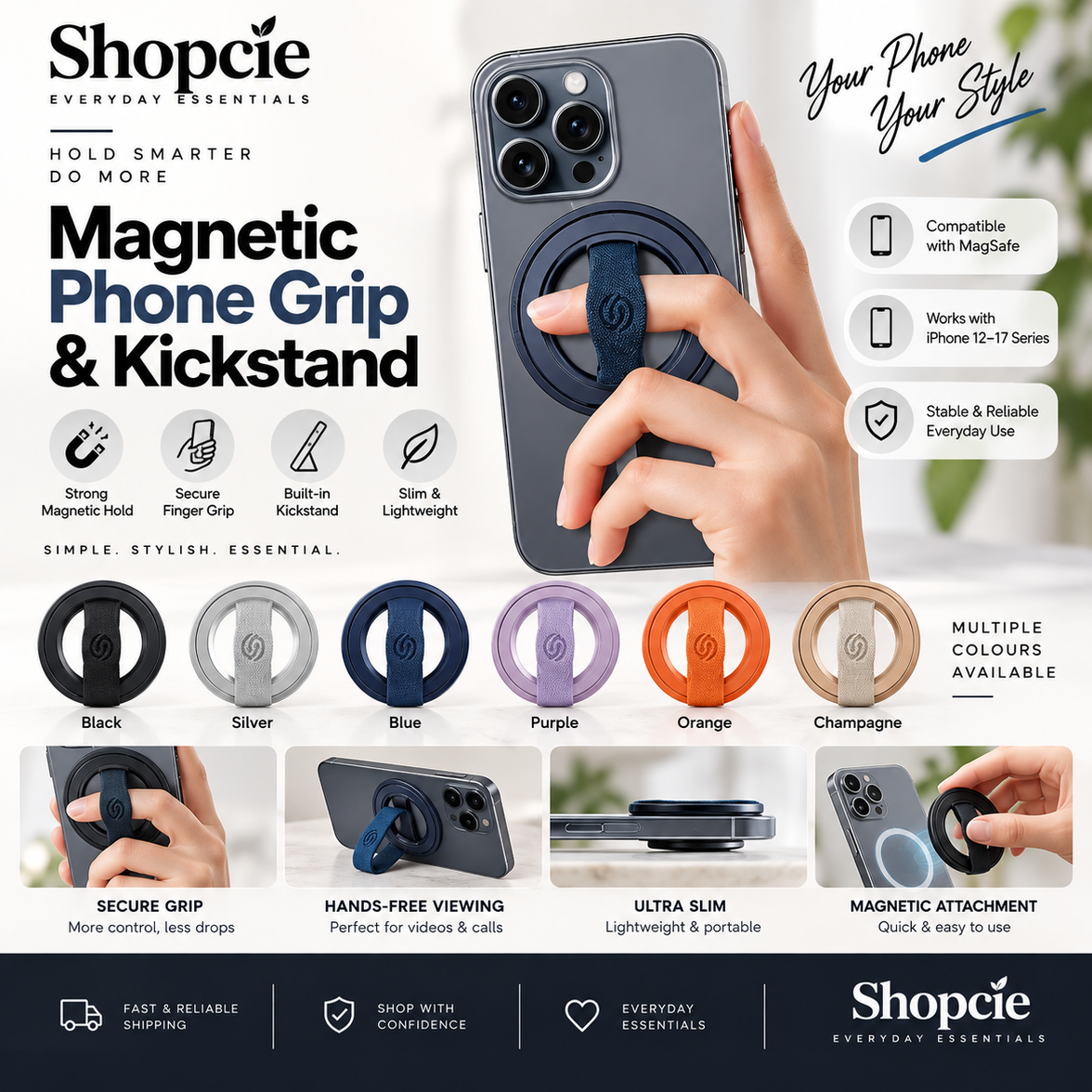 Magnetic Phone Grip & Kickstand – MagSafe Compatible Finger Ring Holder