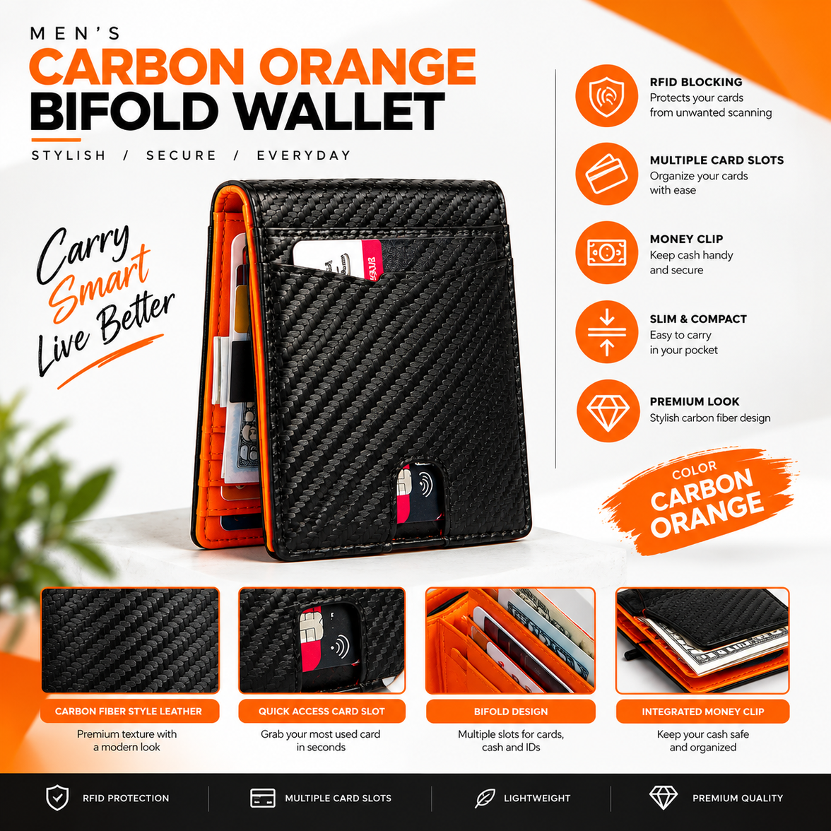 Men’s Carbon Orange RFID Blocking Bifold Wallet – Slim Carbon Fiber Card Holder