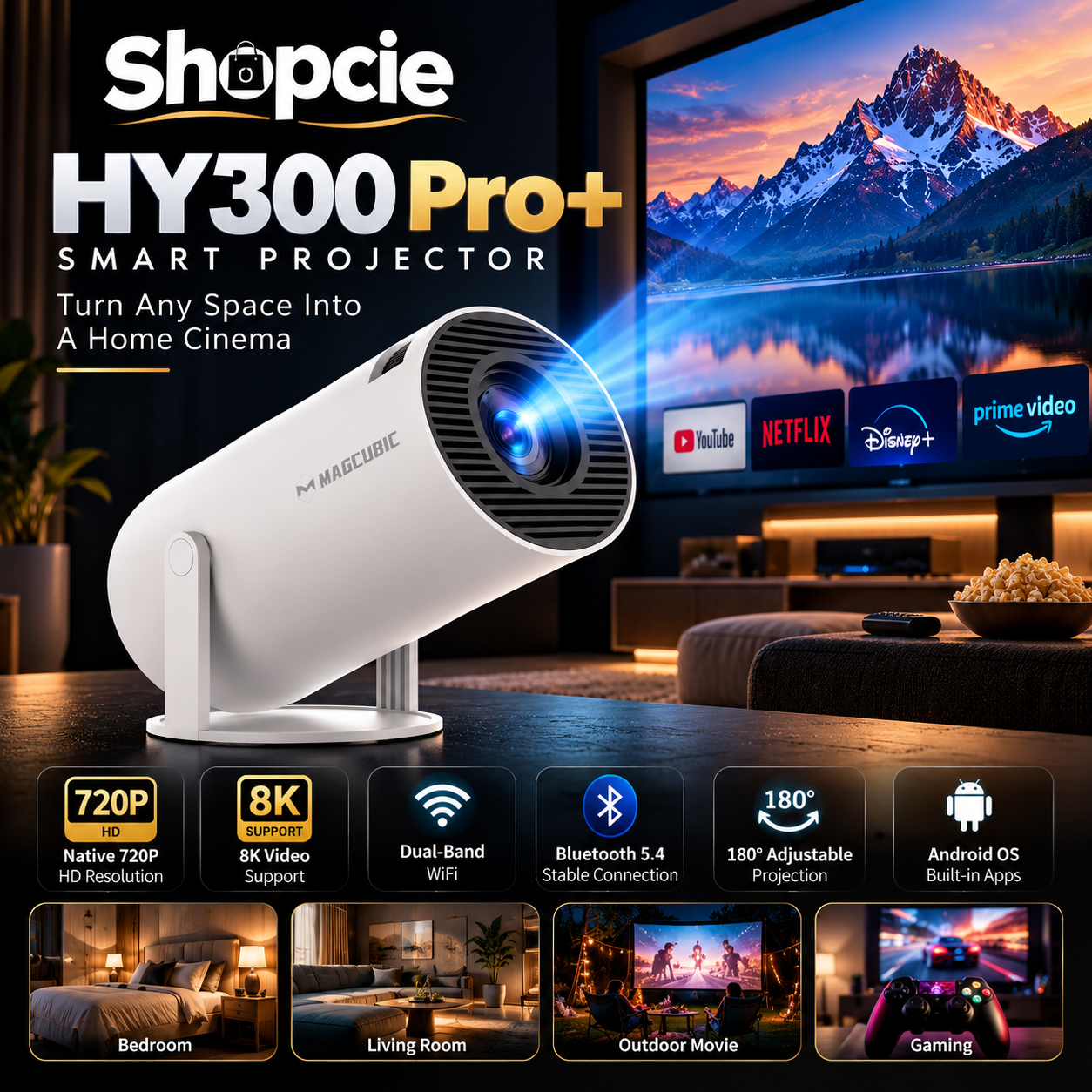HY300 Pro+ Portable Smart Projector with WiFi, Bluetooth & 180° Rotation