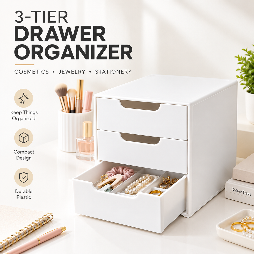 White 3-Tier Drawer Organizer – Storage Box for Cosmetics, Jewelry & Office Supplies