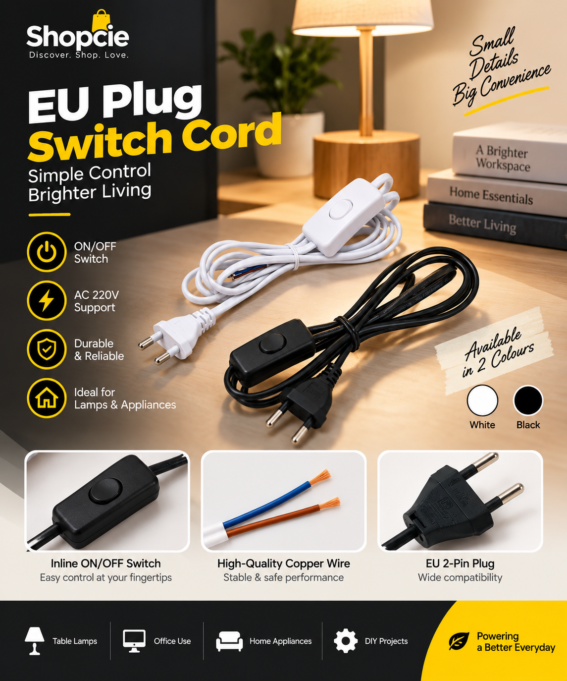 EU Plug Power Cord with Inline ON/OFF Switch – 2-Pin Lamp Extension Cable