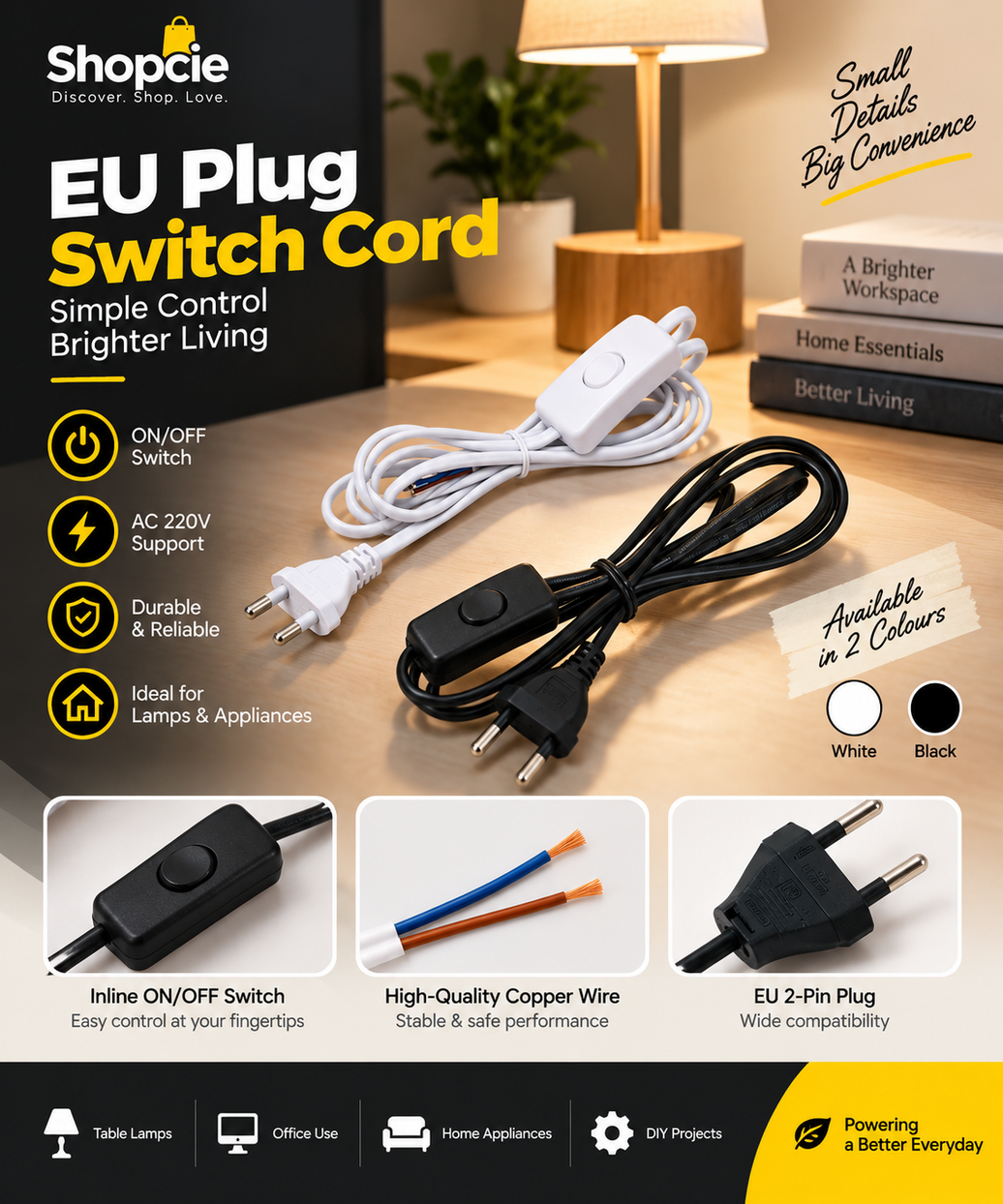 EU Plug Power Cord with Inline ON/OFF Switch – 2-Pin Lamp Extension Cable