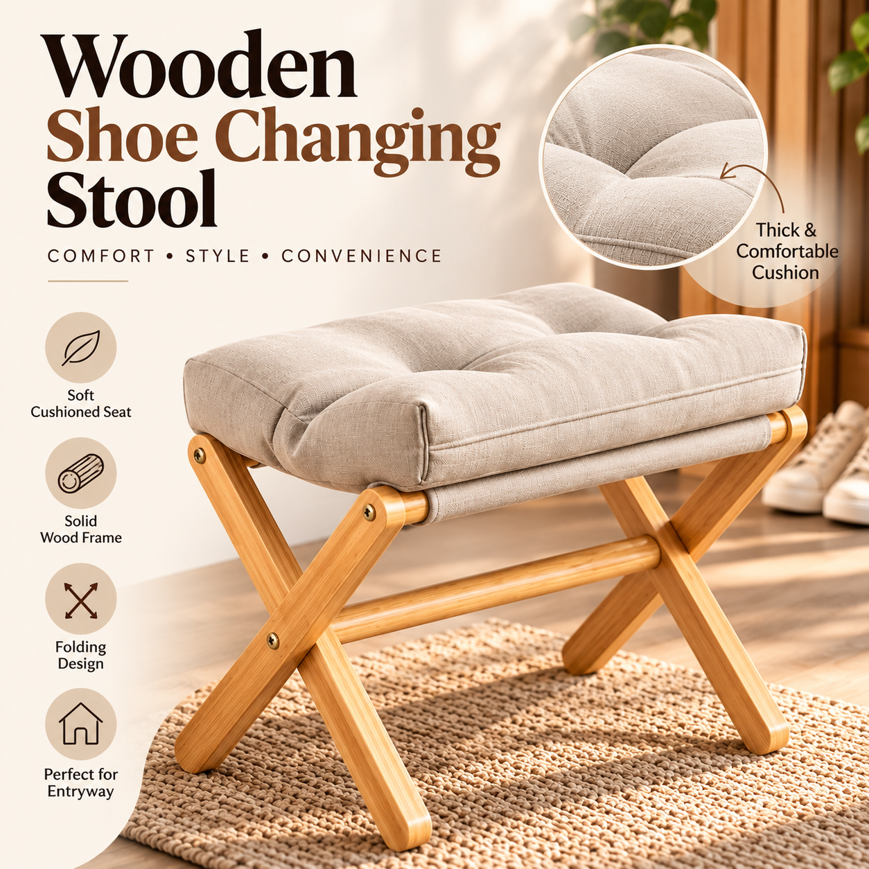 Solid Wood Folding Shoe Changing Stool with Soft Cushioned Seat