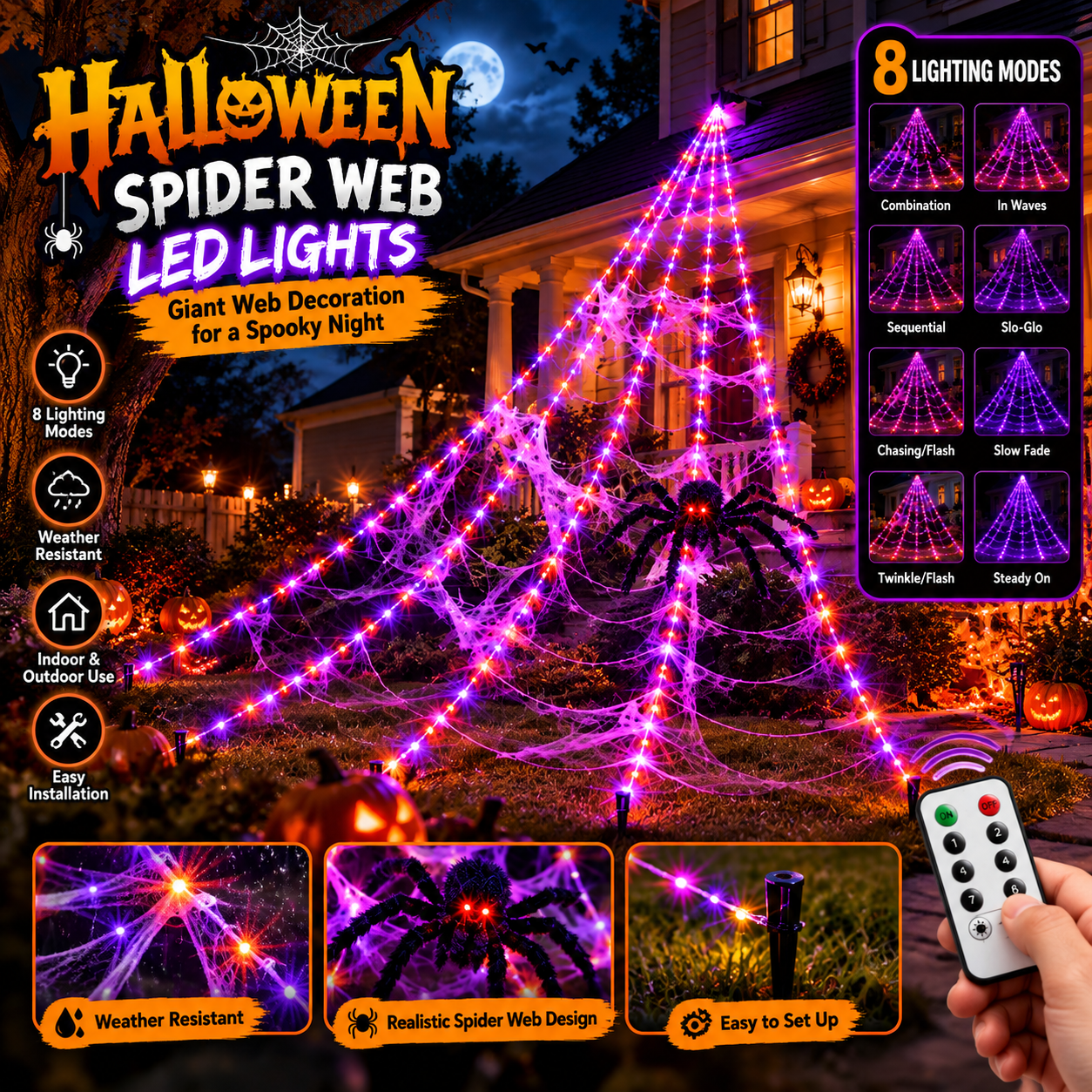 8-Mode Halloween Spider Web LED Lights – Outdoor Giant Web Decoration