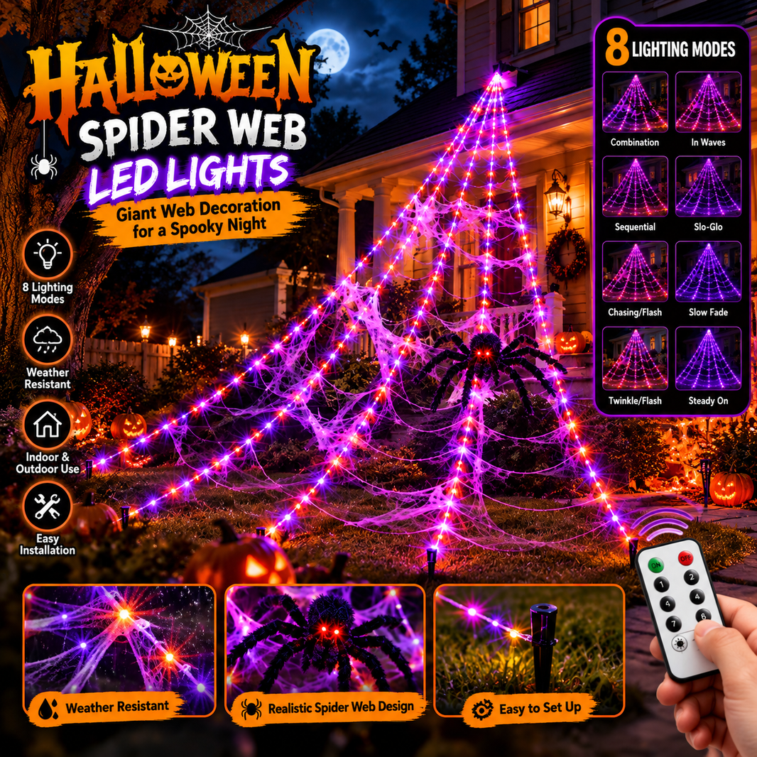 8-Mode Halloween Spider Web LED Lights – Outdoor Giant Web Decoration