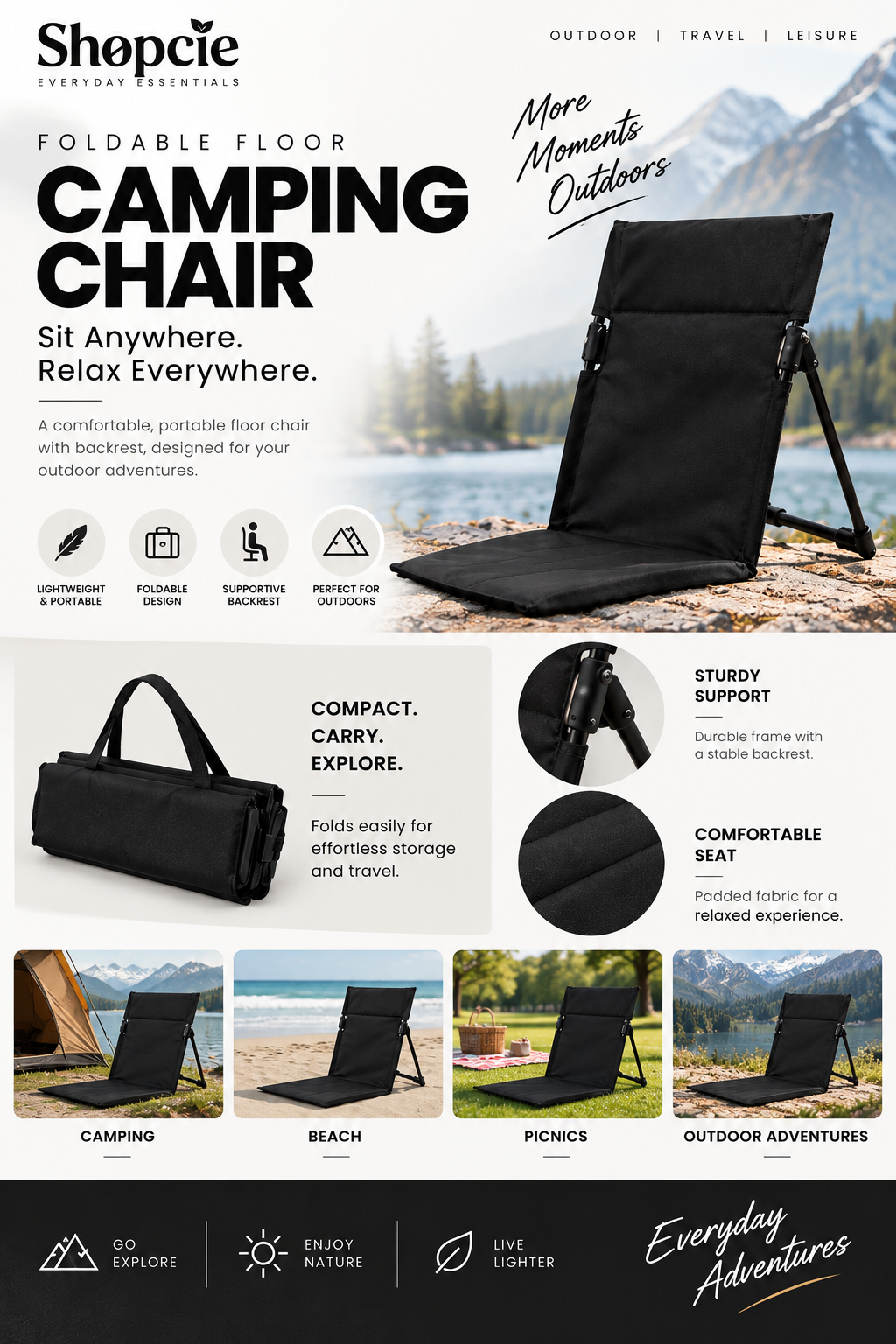 Foldable Floor Camping Chair with Backrest – Portable Outdoor & Beach Seat