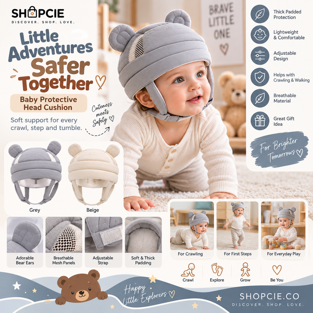 Baby Bear Ear Protective Head Cushion – Adjustable Toddler Safety Hat