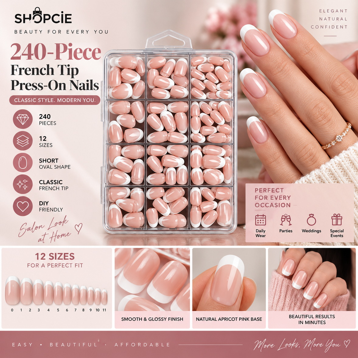 240-Piece French Tip Press-On Nail Set – 12 Sizes