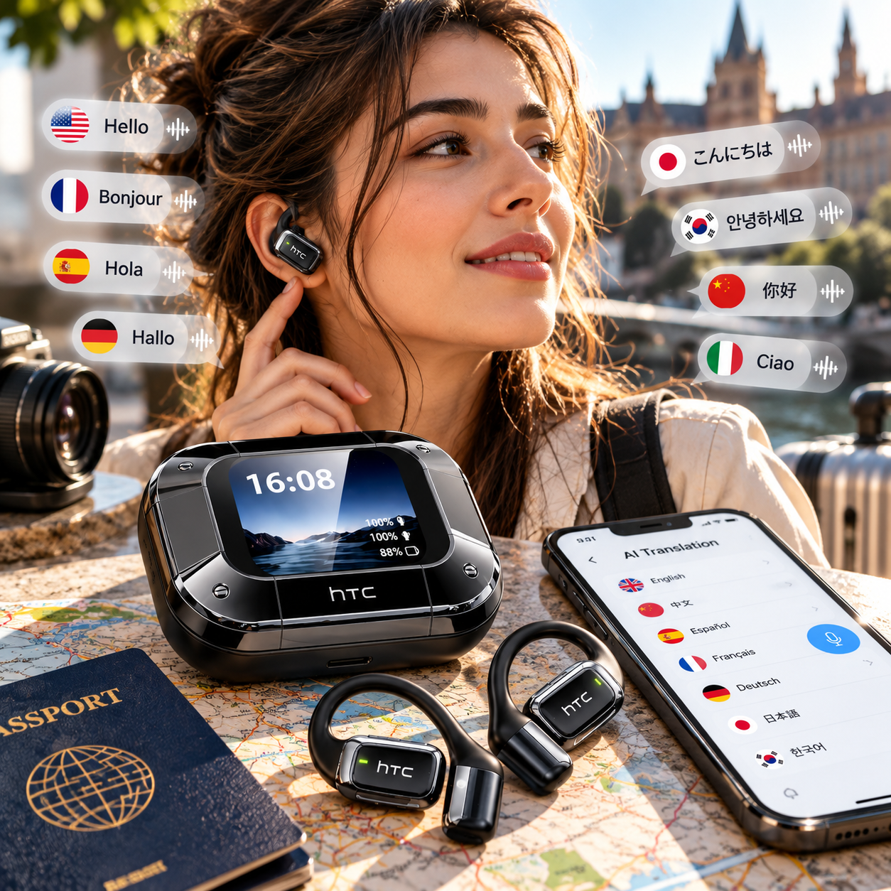 AI Translator Wireless Earbuds with 135-Language Translation & Smart Display Case