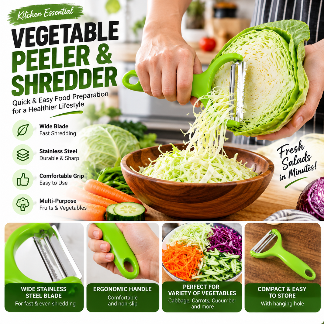 Stainless Steel Cabbage Shredder & Vegetable Peeler – Wide Blade Kitchen Slicer