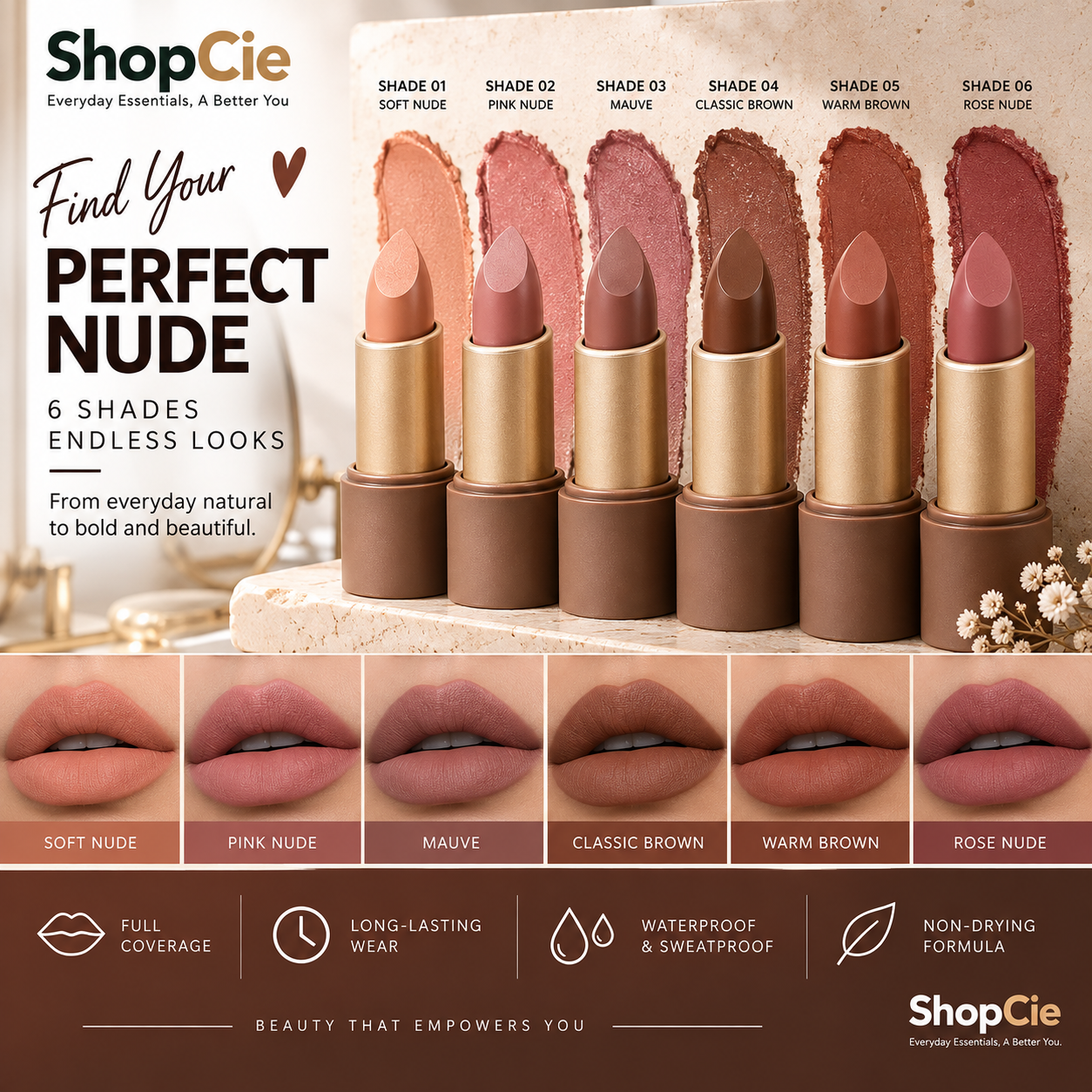 6-Piece Nude Brown Matte Lipstick Set – Long-Lasting & Waterproof