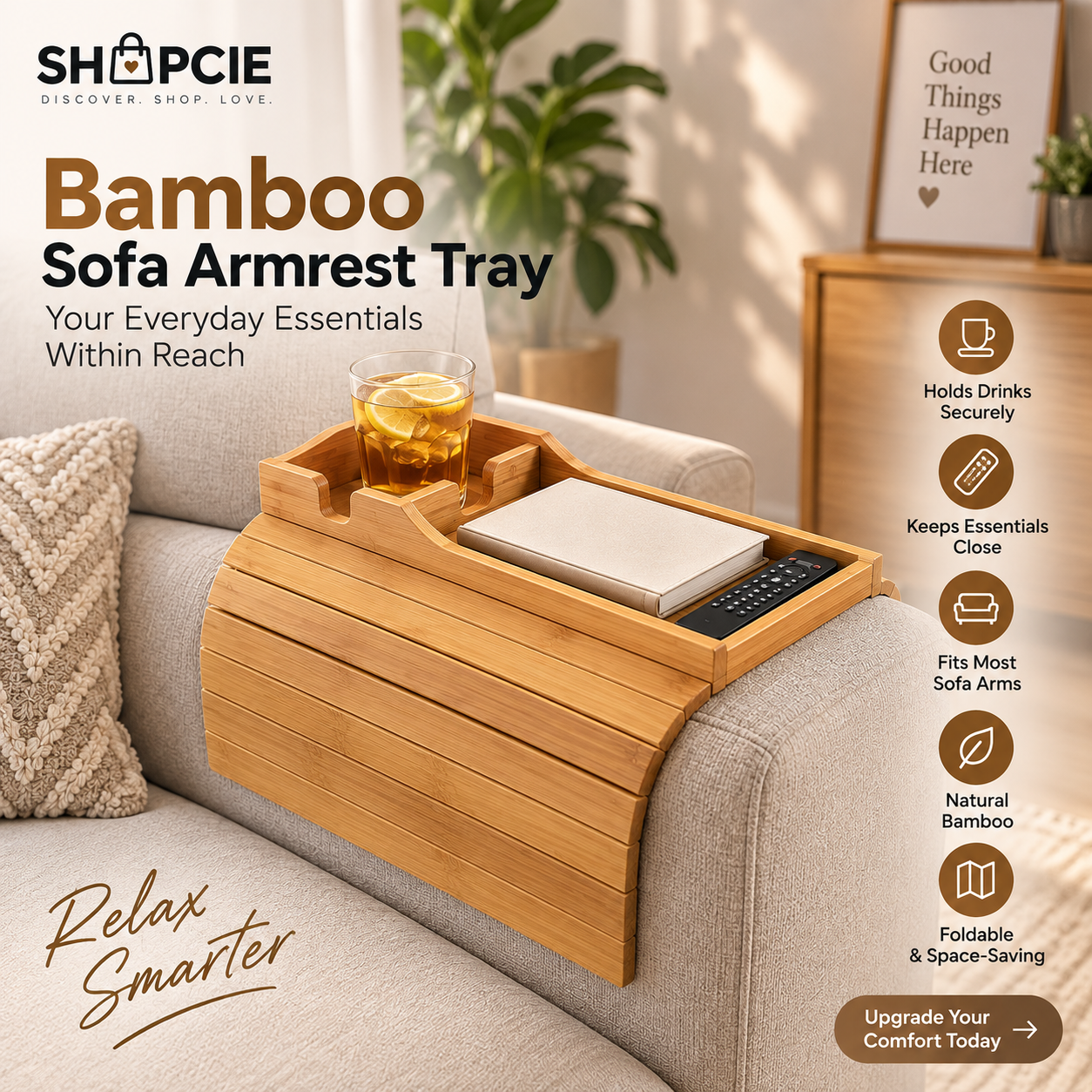 Foldable Bamboo Sofa Armrest Tray – Couch Side Table for Drinks & Essentials